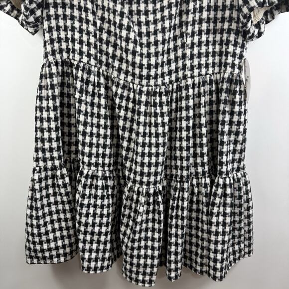 New Arula 1X Black White Gingham Plaid Babydoll Mini Dress Puff Sleeve Preppy - Picture 3 of 13